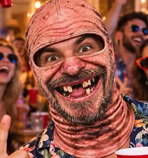 Man wearing the Uncle Gums mask at a party